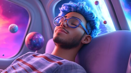 Naklejka premium Peaceful Astronaut Sleeping in Spaceship Cosmic Dreamscape