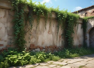 Overgrown, forgotten garden with vines crawling up a crumbling wall, natural, distance