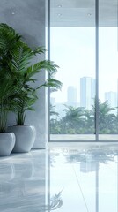Bright and airy interior featuring lush potted plants near a large window with a city skyline view.