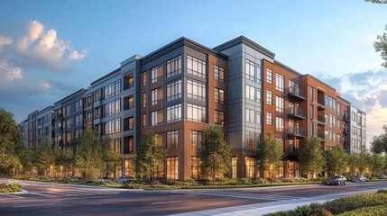 Obraz premium Panoramic perspective of mix-use development showing accessibility ramps