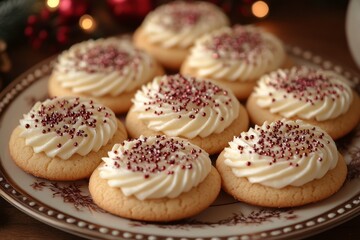 A plate of decorated cookies with frosting and sprinkles, perfect for festive occasions.