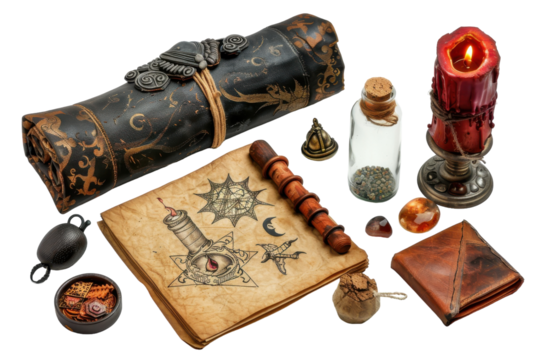Mystical collection of ancient artifacts and spell components on a wooden table