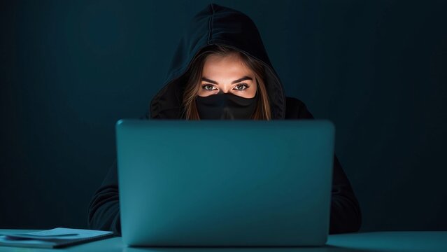 Female hacker browsing the web anonymously in a dark setting with only her eyes visible