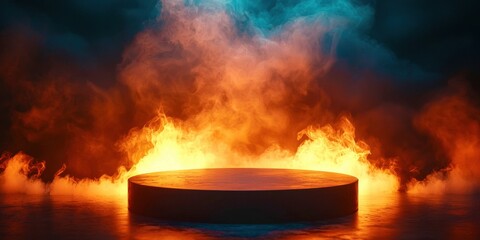 Fire is burning in the background of a stage