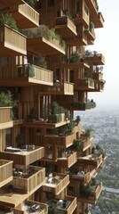 Fototapeta premium A stunning modern building with wooden balconies and greenery, showcasing innovative architecture and urban living.
