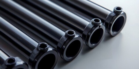 Fototapeta premium Row of black pipes with a black cap on the end