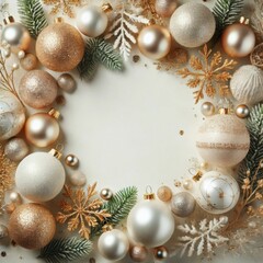  a luxurious white and gold holiday frame with shimmering ornaments and pine sprigs.
