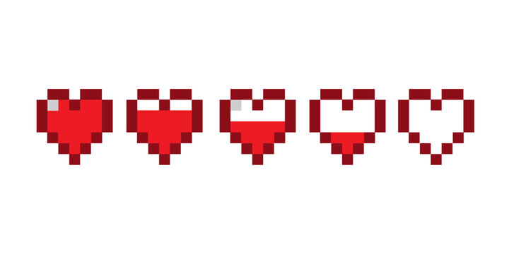 Life level,game progress bars, 8-bit indicators of health, life level charts measurement.pixel art 8 bit health.heart bar.Pixel hearts game life bar.Valentine's Day.