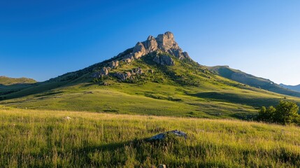 Obraz premium A mountain with a green hillside and a clear blue sky