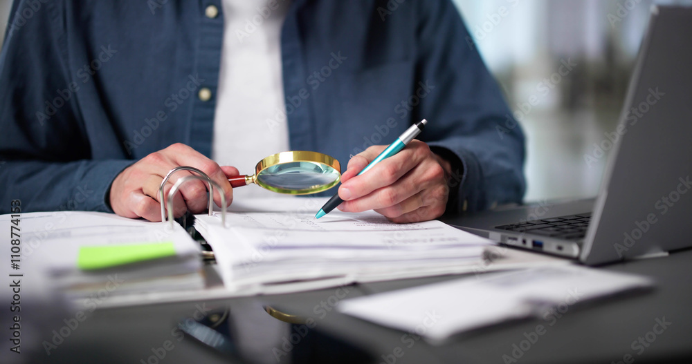 Poster auditor using magnifying glass for audit