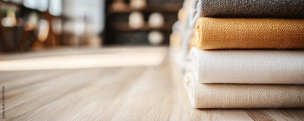 Poster stack of colorful rolled up fabrics lying on wooden table in furniture store