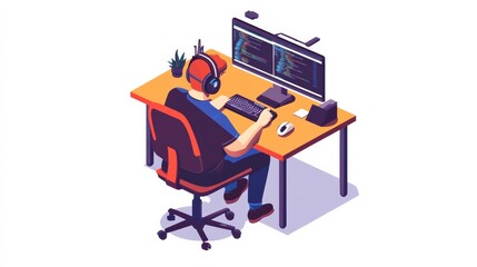 Computer repairman at work station showing technical support and equipment maintenance Illustration