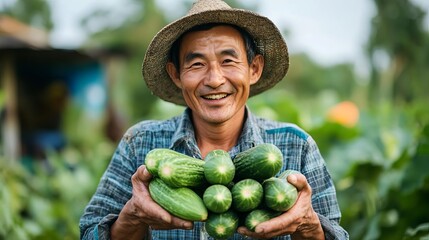 Happy Farmer Holding Fresh Cucumbers in Garden