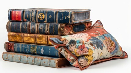 A stack of comic books with a neck support pillow beside them, representing reading and comfort, isolated on white background
