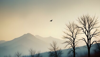 Obraz premium Paisaje montañoso brumoso con siluetas de árboles y pájaros volando en la distancia