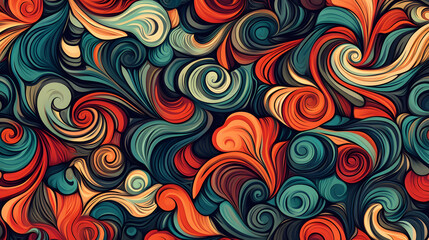 Fun 70s hippie background. Waves, eddies, swirling patterns. Twisted and distorted vector texture in trendy retro psychedelic style.