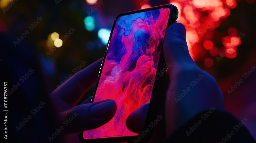 Poster Hands Holding Smartphone with Abstract Colorful Display