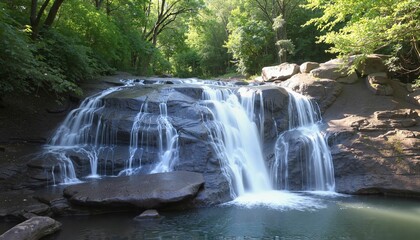 Sunlit Forest Waterfall Cascading Over Ancient Rocks in Verdant Wilderness