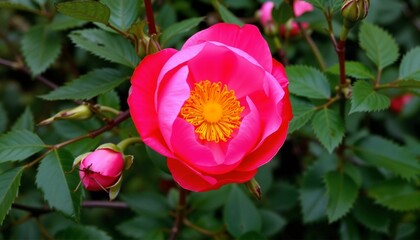 Vibrant Pink Garden Rose in Full Bloom with Natural Garden Background