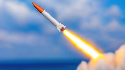 Naklejka premium Missile Launch Underwater Stealth Weapon Dynamic Flight Fiery Trail Sea Sky Background