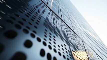 Modern building facade showing intricate dotted metal panels reflecting cityscape and sky