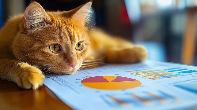 Ginger cat relaxing on business report with charts and diagram