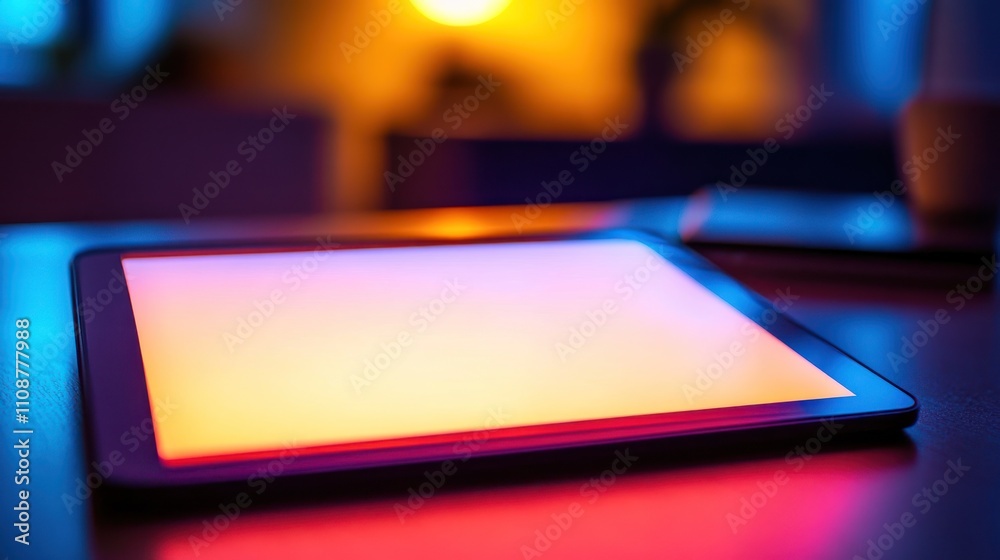 Poster Illuminated Tablet Displaying Blank Screen in Colorful Room