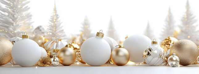 Fototapeta premium Christmas white and gold baubles and decorations. Holidays background. 3d render illustration.