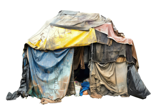 Makeshift shelter constructed from tarps and discarded materials in an urban area reflecting homelessness