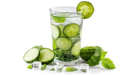 Fototapeta premium A tall glass of cucumber-infused water with ice cubes, isolated on white background