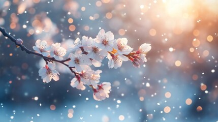 Spring Horizontal banner with sakura flowers. Beautiful nature season background with a branch of blooming cherry. Copy space for text, selective focus