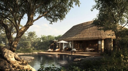 Obraz premium Luxury safari lodge hotel, thatched roof, open-air design, African savanna views