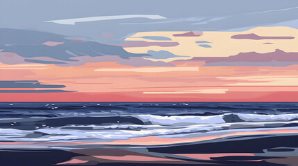 Fototapeta premium Serene ocean sunset landscape with waves gently breaking on the shore.