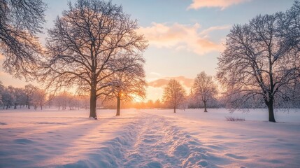 A Tranquil Winter Scene with Soft Light Illuminating the Snow