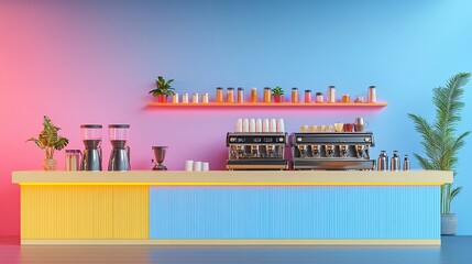 Fototapeta premium A vibrant coffee shop counter with equipment, plants, and colorful decor.