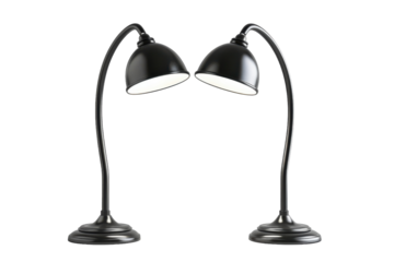 Two elegant black table lamps with curved necks illuminating a modern workspace in a contemporary setting