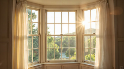 Fototapeta premium Sunlit Bay Window with White Curtains and Garden View at Golden Hour, Peaceful Interior Design with Natural Light Streaming through Traditional Windows