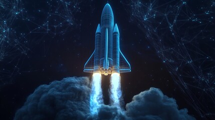 Abstract Space Shuttle Launches into Space. Glowing Rocket and Trail