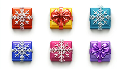 A set of colorful Christmas gift boxes with elegant ribbons, snowflakes, and sparkling decorations on a minimalist background.