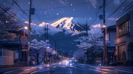 Fototapeta premium A rainy street at sunset with Mount Fuji in the background, illuminated by streetlights and reflections on wet pavement, creating a serene and picturesque scene.