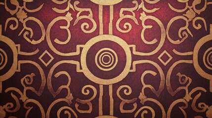 a red and gold wallpaper with a design on it
