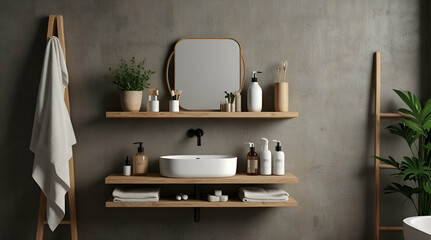 Fototapeta premium interior of decent black wall with show piece. Genrative.ai 