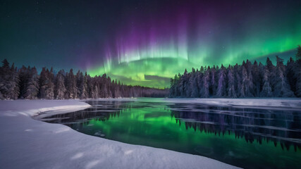 Fototapeta premium A vibrant aurora glowing over a serene frozen lake surrounded by snow-covered trees. Gradient waves of green and purple light dance across the sky, reflecting on the ice below. A magical and tranquil 
