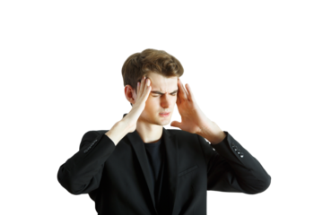 Man in asuit touching his temples, showing discomfort. Closeup style on white background. Concept of stress, headache, or tension