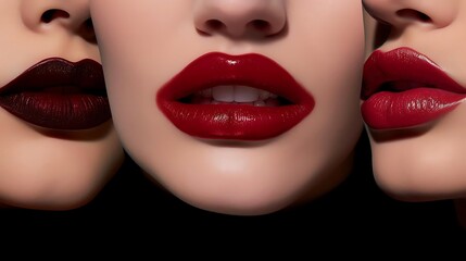 Fototapeta premium Close-up of three women's lips with different shades of red lipstick.