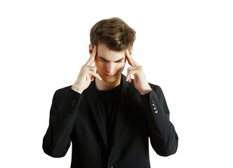 A young man in a suit focusing with fingers on temples, isolated on a white background. Represents...