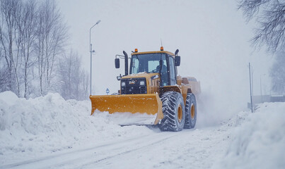 Winter snow removal on the road with a bulldozer, generated ai