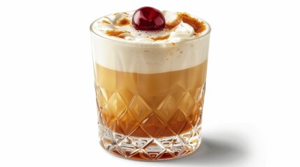 A whiskey sour in a short glass with a cherry on top, isolated on white background