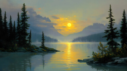 Fototapeta premium Serene sunrise over a calm lake nestled in a misty mountain valley, with tall evergreen trees lining the shores.