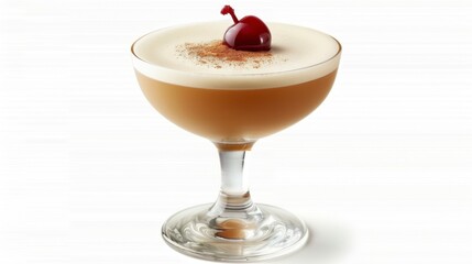 A whiskey sour in a short glass with a cherry on top, isolated on white background